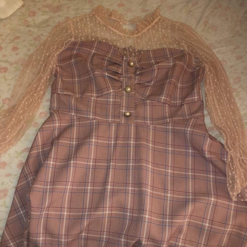 Gyaru kawaii lace sleeve pink plaid dress